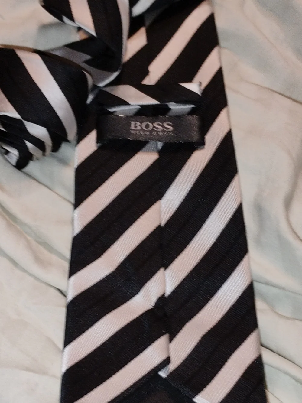 BOSS Black and White Diagonal Stripe Silk Tie